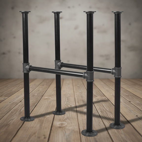 H-Shape Industrial Pipe Table Leg Set - Iron Base Legs for Coffee & End Tables, Desks, Nightstand - Vintage, Mid-Century Modern Aesthetic - Dark Grey Black Rough Pipes