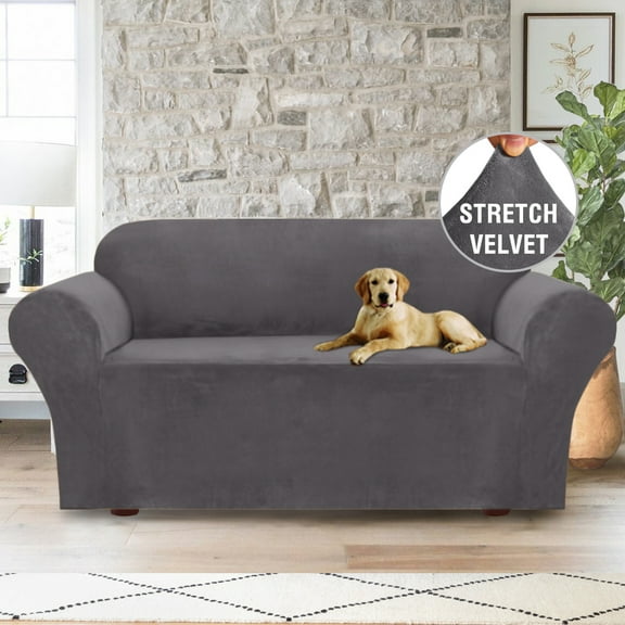 H.VERSAILTEX 1-Piece Luxury Velvet Loveseat Stretch Slipcover, Gray