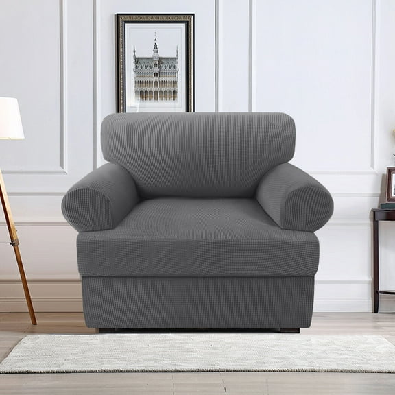 H.VERSAILTEX 2 Pieces Checkerboard Slipcovers Stretch with Individual T Cushion Cover for Living Room(1 Cushion Armchair, Charcoal Grey)