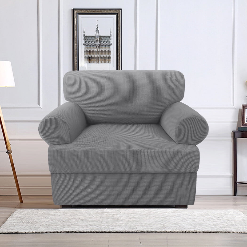 H.VERSAILTEX 2 Pieces Checkerboard Slipcovers Stretch with Individual T Cushion Cover for Living Room(1 Cushion Armchair, Dove)