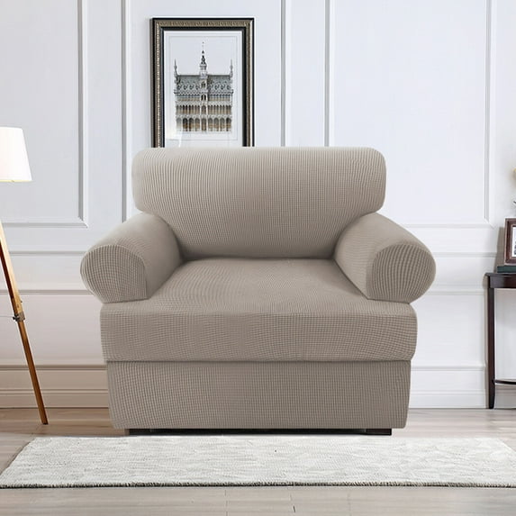 H.VERSAILTEX 2 Pieces Checkerboard Slipcovers Stretch with Individual T Cushion Cover for Living Room(1 Cushion Armchair, Taupe)