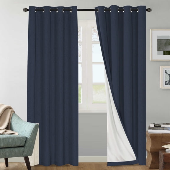 H.VERSAILTEX 100% Black Out Curtains 84 inch Long 2 Panels, Faux Linen Solid Thermal Blackout Curtains for Bedroom (52" x 84", Navy)