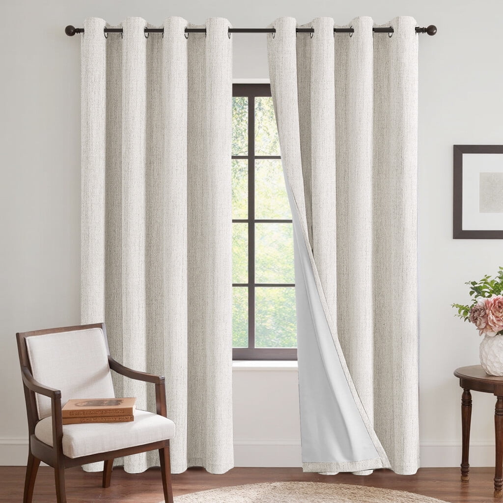 H.VERSAILTEX 100% Blackout Curtain Linen Textured Chenille Grommet Thermal Curtains for Bedroom Light-Blocking (2 Panels, 52" x 108", Ivory)
