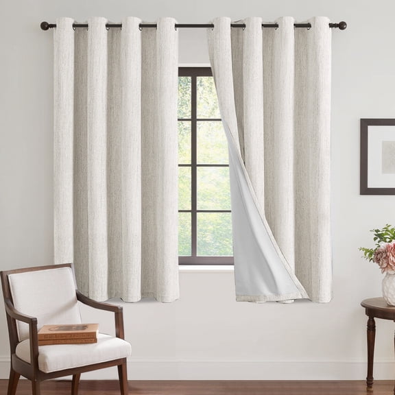 H.VERSAILTEX 100% Blackout Curtain Linen Textured Chenille Grommet Thermal Curtains for Bedroom Light-Blocking (2 Panels, 52" x 63", Ivory)
