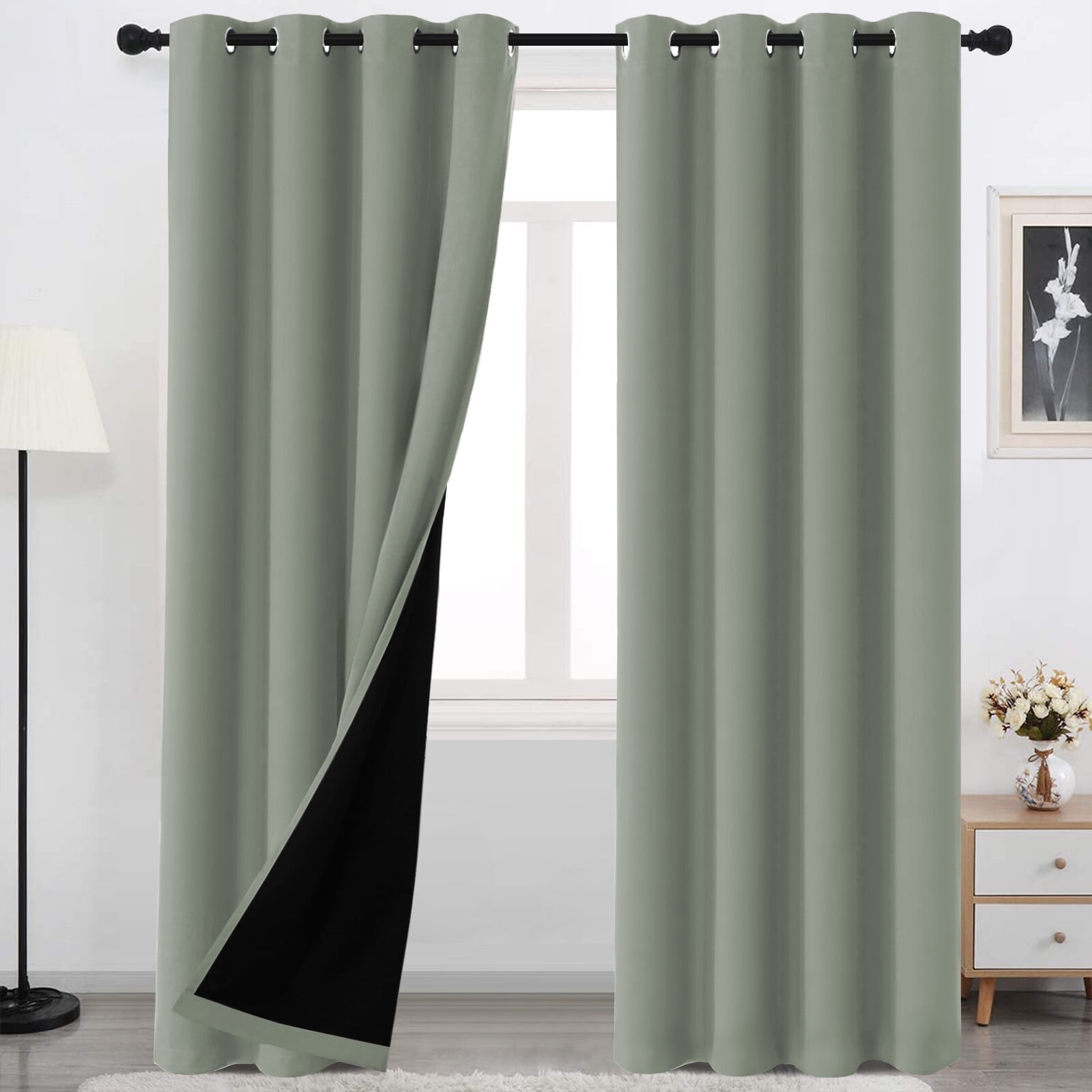 H.Versailtex Contemporary 100% Blackout Grommet Curtains for Bedroom, 52 x 84 Inches, 2 Panels, Light Sage
