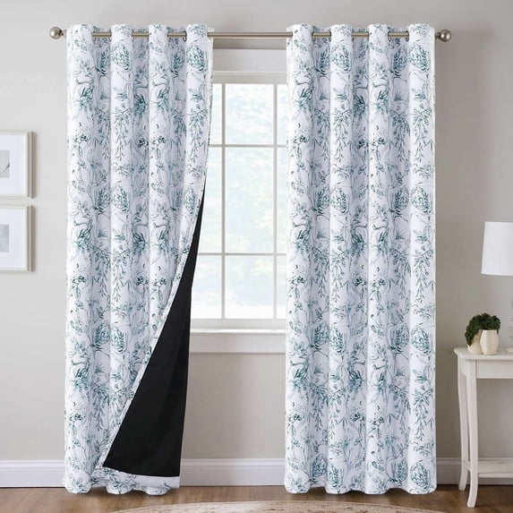 H.VERSAILTEX 100% Blackout Curtains Camellia Floral Printed Drapes Leah Floral Thermal Bedroom Curtains for Living room with Black Liner 2 Panels,52" x 108",Teal