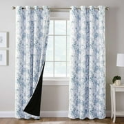 H.VERSAILTEX 100% Blackout Curtains Camellia Floral Printed Drapes Leah Floral Thermal Bedroom Curtains for Living room with Black Liner 2 Panels,52" x 108",Stone Blue