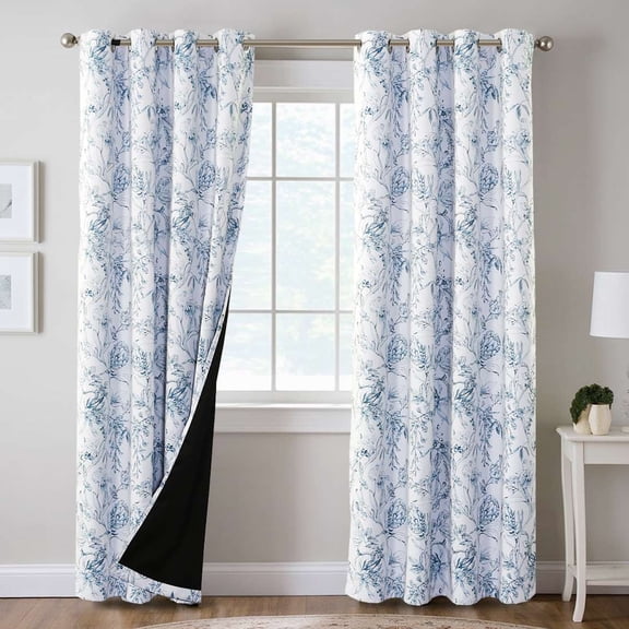 H.VERSAILTEX 100% Blackout Curtains Camellia Floral Printed Drapes Leah Floral Thermal Bedroom Curtains for Living room with Black Liner 2 Panels,52" x 108",Stone Blue