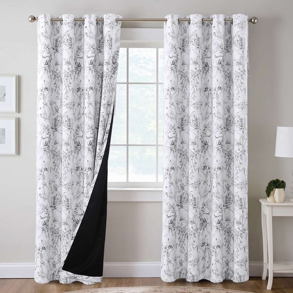 H.VERSAILTEX 100% Blackout Curtains Camellia Floral Printed Drapes Leah Floral Thermal Bedroom Curtains for Living room with Black Liner 2 Panels,52" x 108",Grey
