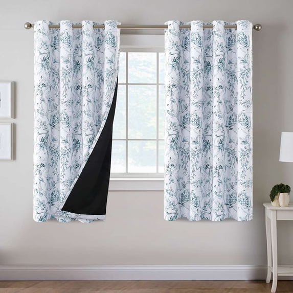 H.VERSAILTEX 100% Blackout Curtains Camellia Floral Printed Drapes Leah Floral Thermal Bedroom Curtains for Living room with Black Liner 2 Panels,52" x 63",Teal