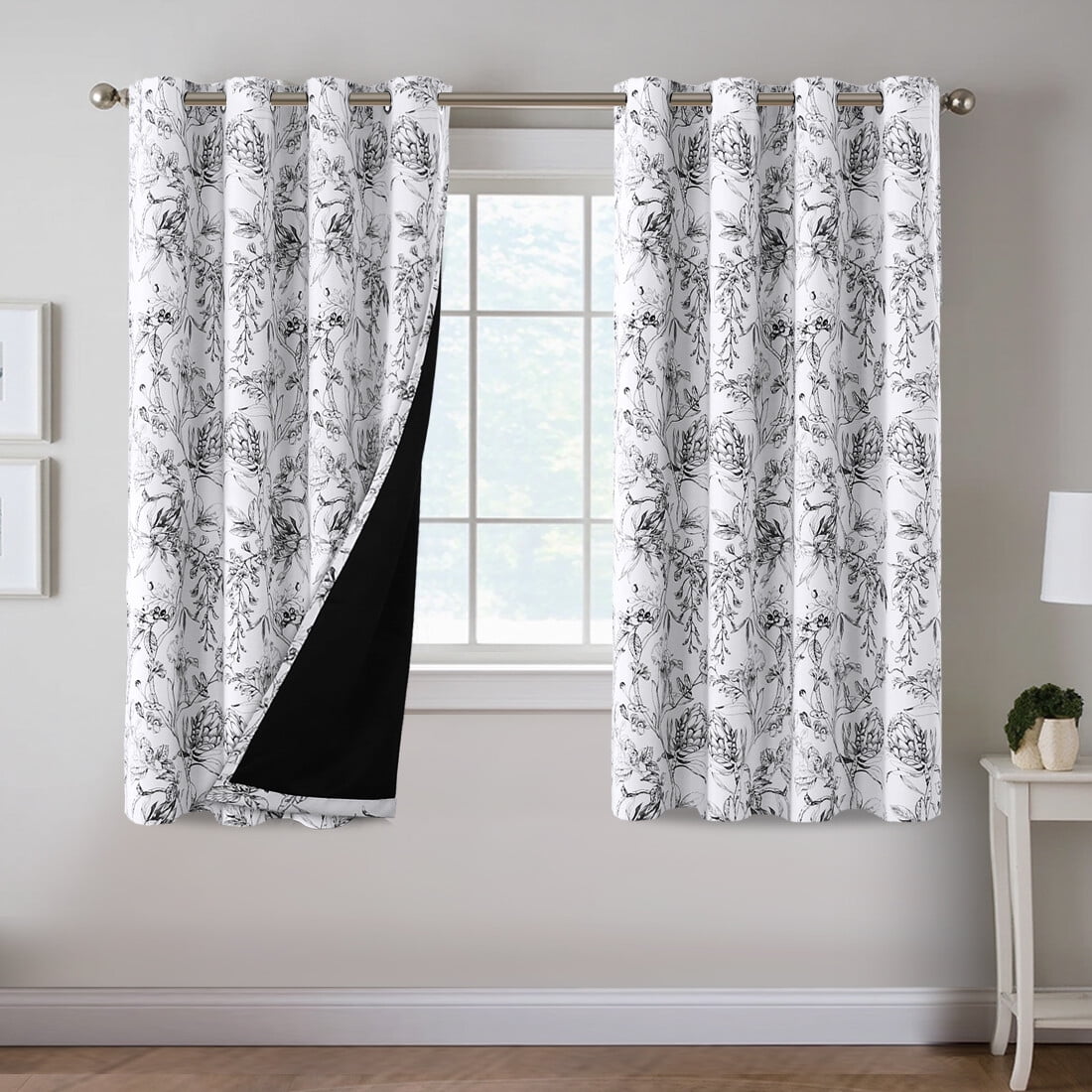 H.VERSAILTEX 100% Blackout Curtains Camellia Floral Printed Drapes Leah Floral Thermal Bedroom Curtains for Living room with Black Liner 2 Panels,52" x 63",Black