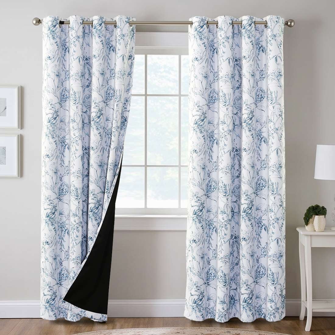 H.VERSAILTEX 100% Blackout Curtains Camellia Floral Printed Drapes Leah Floral Thermal Bedroom Curtains for Living room with Black Liner 2 Panels,52" x 84",Stone Blue