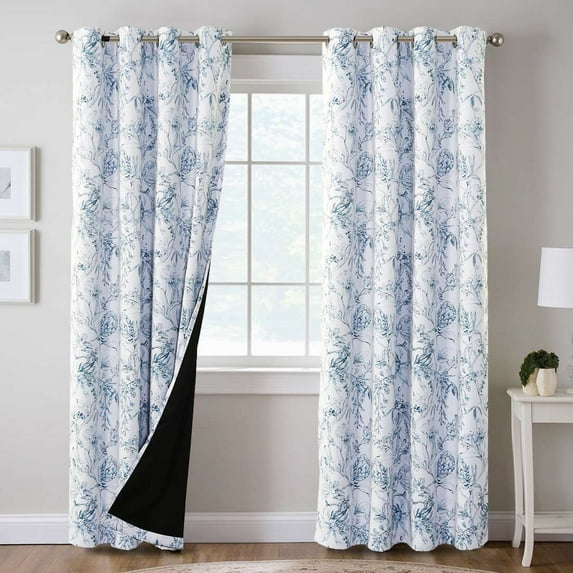 H.VERSAILTEX 100% Blackout Curtains Camellia Floral Printed Drapes Leah Floral Thermal Bedroom Curtains for Living room with Black Liner 2 Panels,52" x 84",Stone Blue