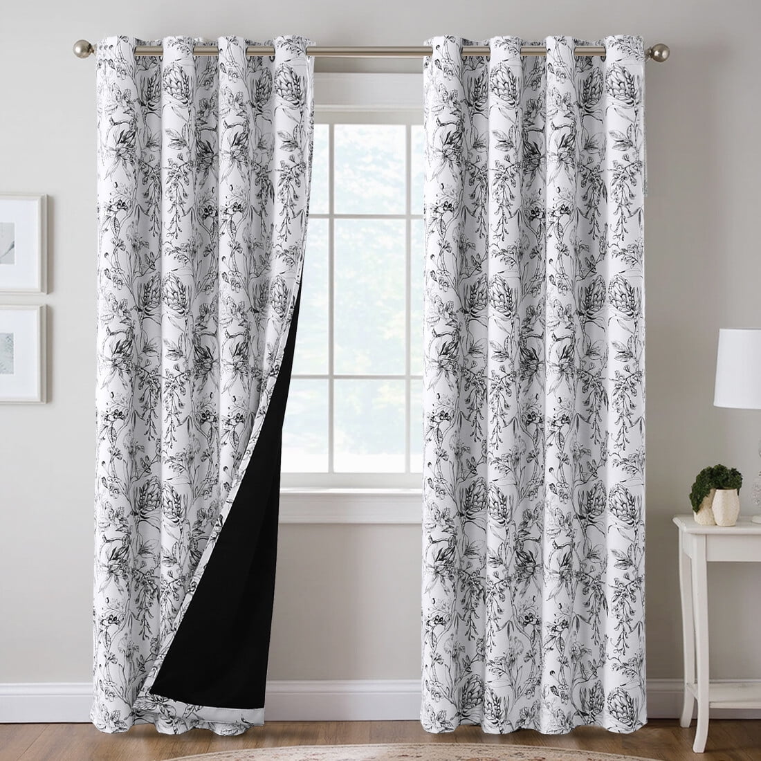 H.VERSAILTEX 100% Blackout Curtains Camellia Floral Printed Drapes Leah Floral Thermal Bedroom Curtains for Living room with Black Liner 2 Panels,52" x 84",Black