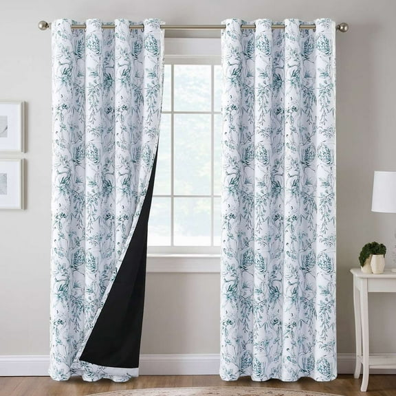 H.VERSAILTEX 100% Blackout Curtains Camellia Floral Printed Drapes Leah Floral Thermal Bedroom Curtains for Living room with Black Liner 2 Panels,52" x 84",Teal