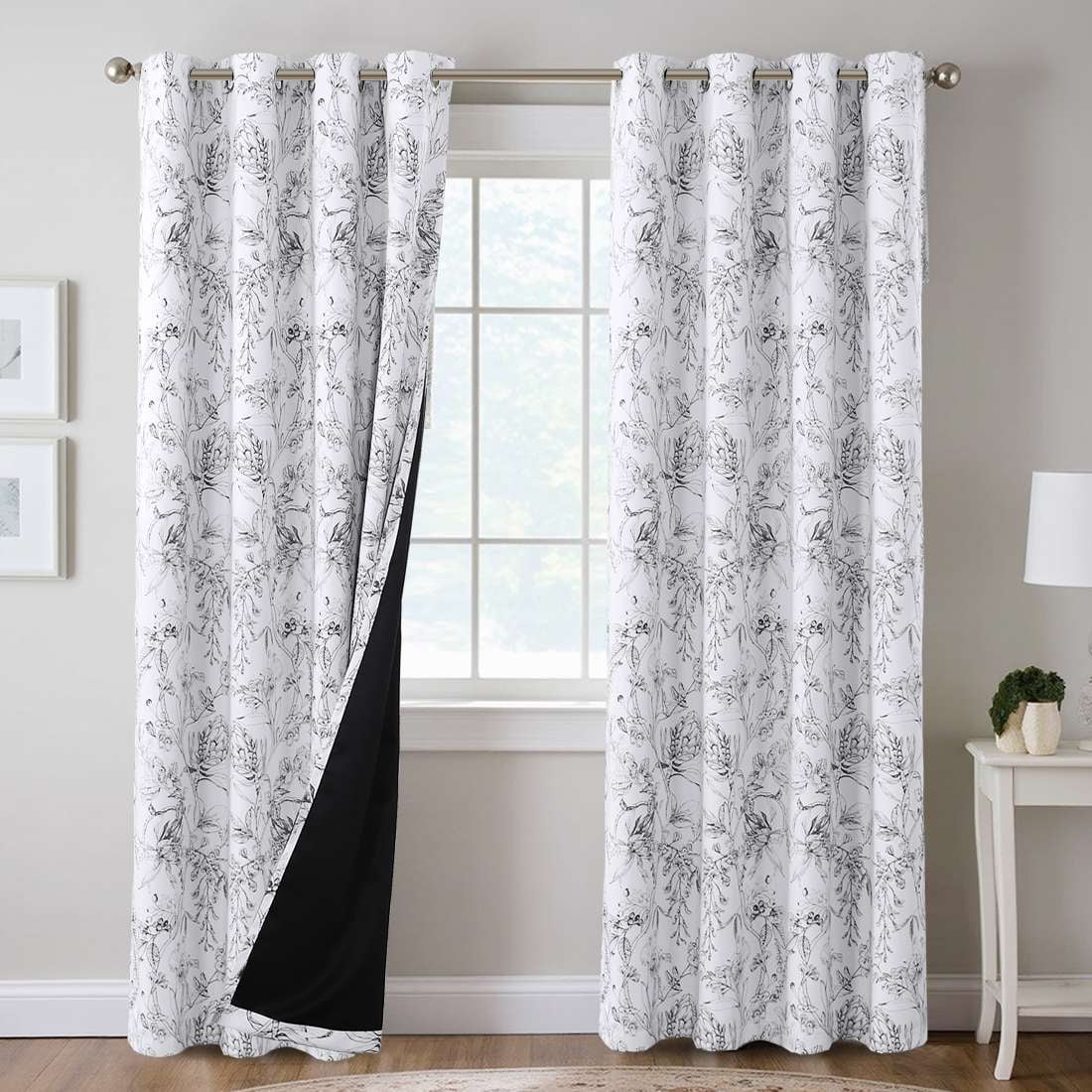 H.VERSAILTEX 100% Blackout Curtains Camellia Floral Printed Drapes Leah Floral Thermal Bedroom Curtains for Living room with Black Liner 2 Panels,52" x 96",Grey