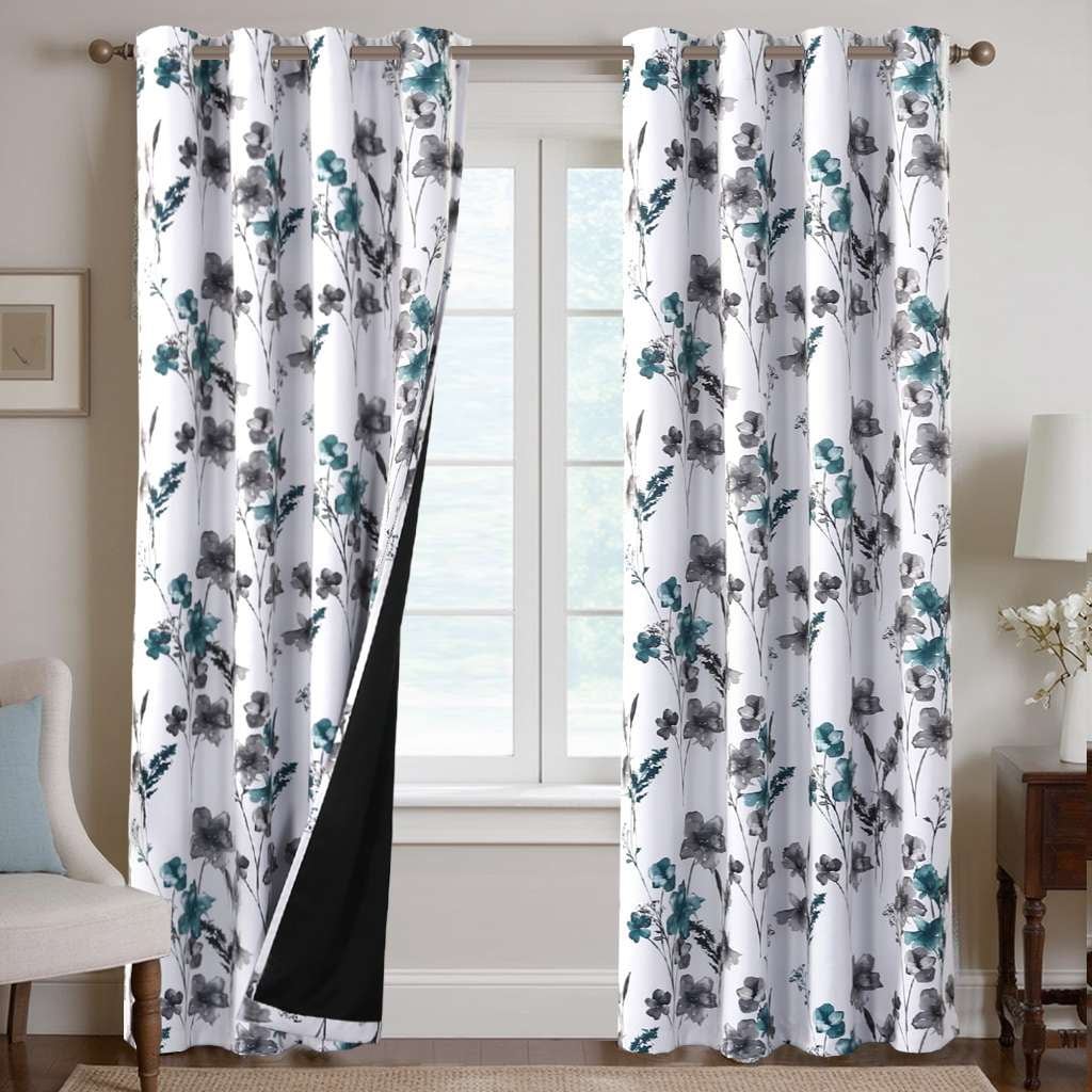 H.VERSAILTEX 100% Blackout Curtains Cattleya Floral Printed Drapes Leah Floral Thermal Bedroom Curtains for Living room with Black Liner 2 Panels,52" x 108",Grey/Teal