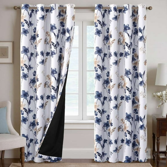 H.VERSAILTEX 100% Blackout Curtains Cattleya Floral Printed Drapes Leah Floral Thermal Bedroom Curtains for Living room with Black Liner 2 Panels,52" x 108",Navy/Taupe