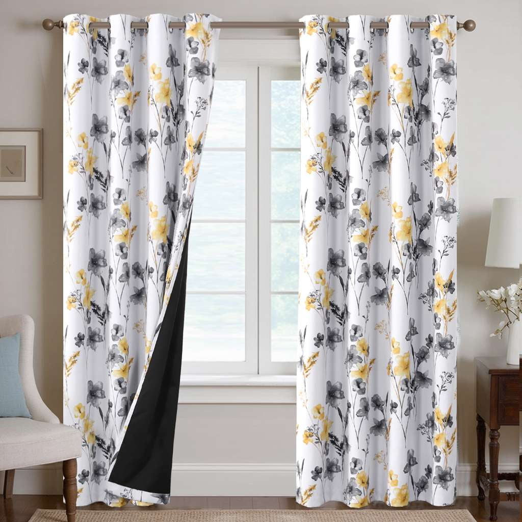H.VERSAILTEX 100% Blackout Curtains Cattleya Floral Printed Drapes Leah Floral Thermal Bedroom Curtains for Living room with Black Liner 2 Panels,52" x 108",Grey/Yellow