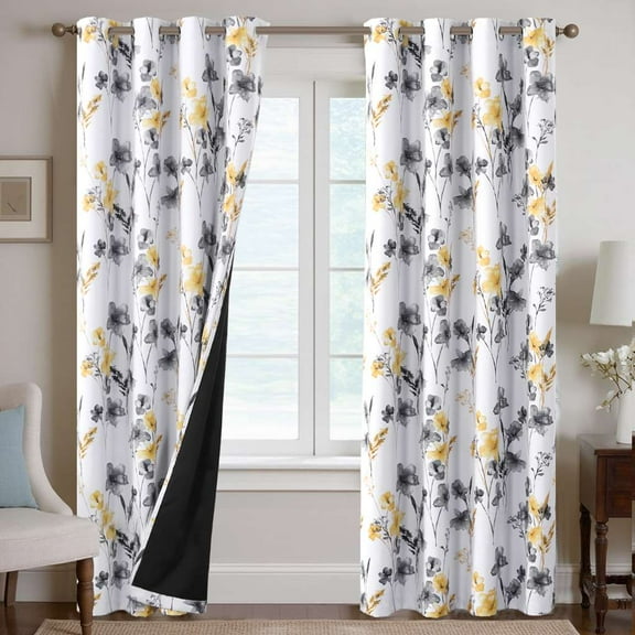 H.VERSAILTEX 100% Blackout Curtains Cattleya Floral Printed Drapes Leah Floral Thermal Bedroom Curtains for Living room with Black Liner 2 Panels,52" x 108",Grey/Yellow