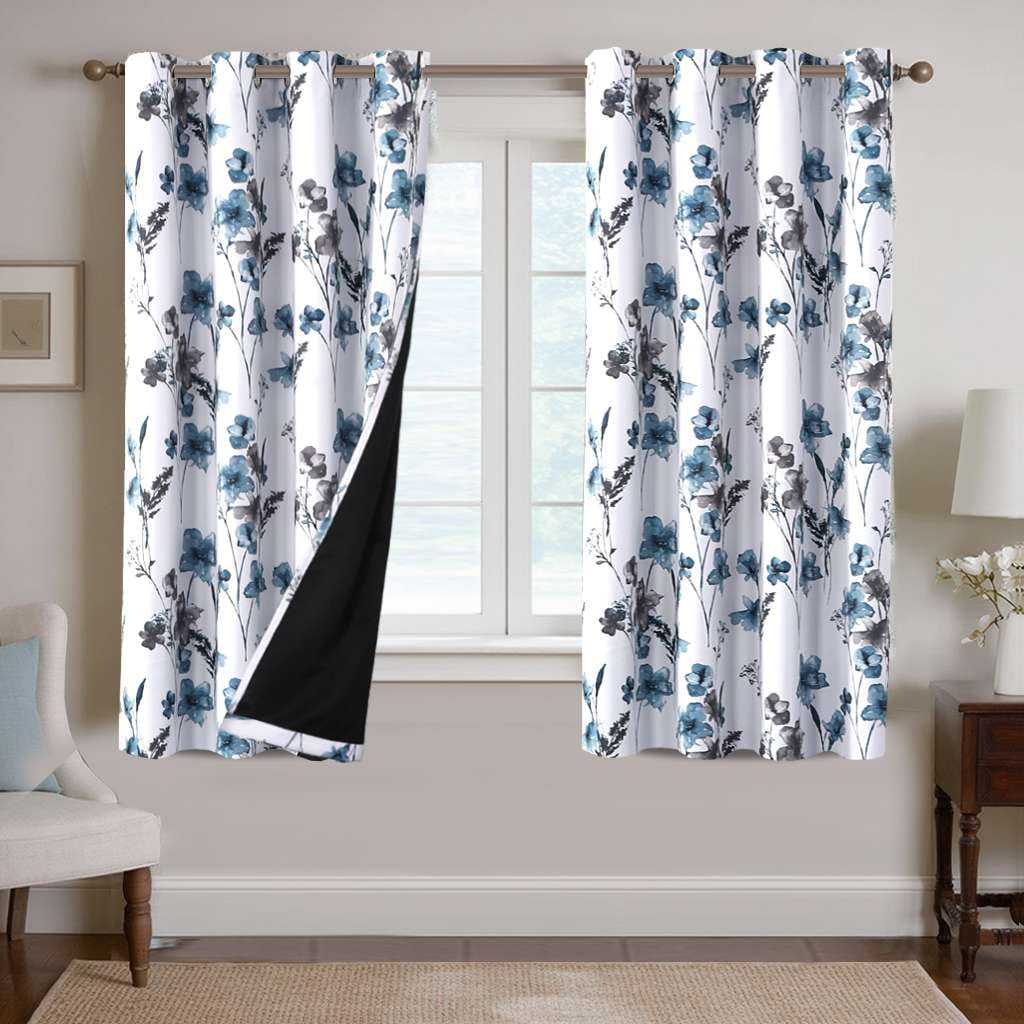H.VERSAILTEX 100% Blackout Curtains Cattleya Floral Printed Drapes Leah Floral Thermal Bedroom Curtains for Living room with Black Liner 2 Panels,52" x 63",Grey/BLue