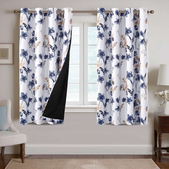 H.VERSAILTEX 100% Blackout Curtains Cattleya Floral Printed Drapes Leah Floral Thermal Bedroom Curtains for Living room with Black Liner 2 Panels,52" x 63",Navy/Taupe