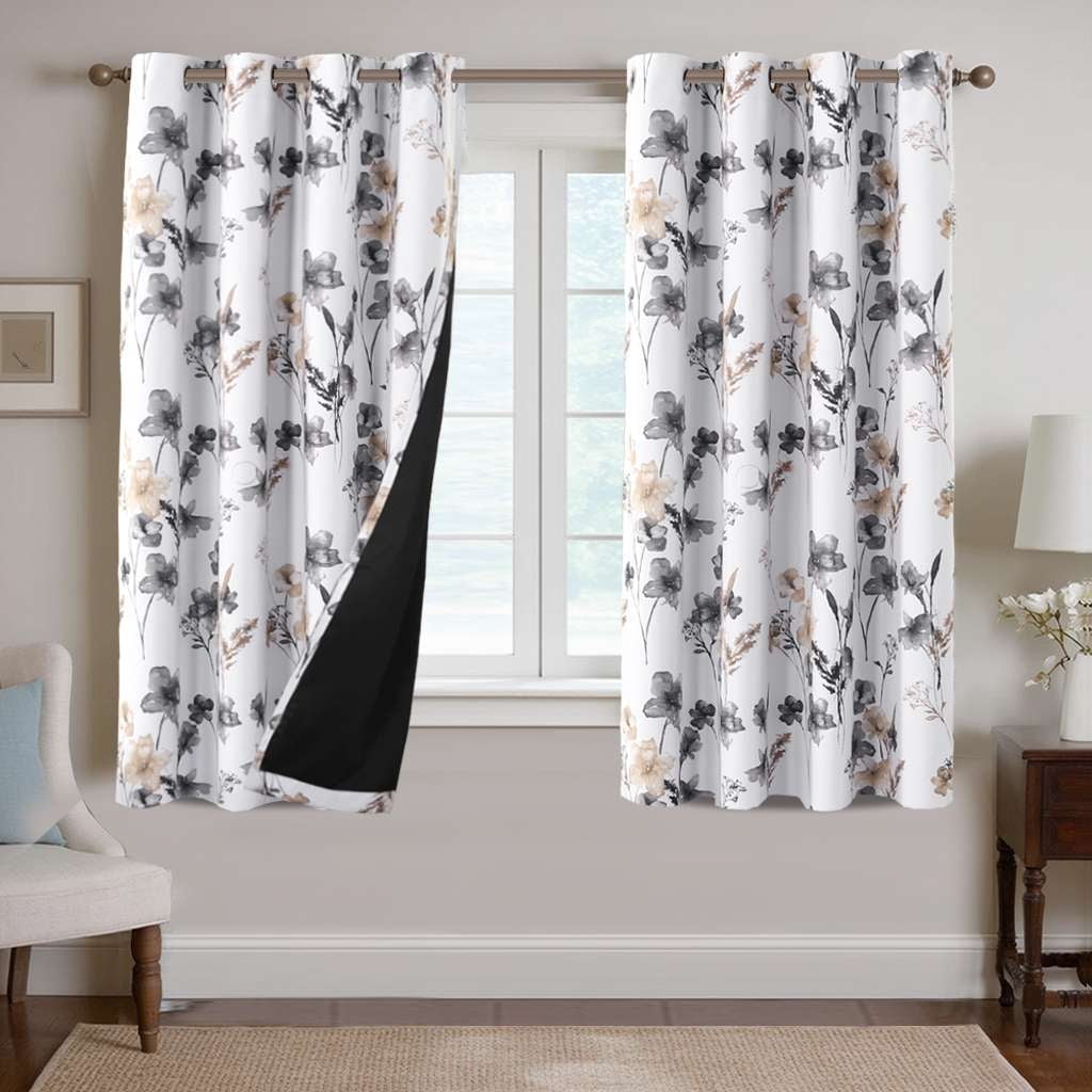 H.VERSAILTEX 100% Blackout Curtains Cattleya Floral Printed Drapes Leah Floral Thermal Bedroom Curtains for Living Room with Black Liner 2 Panels,52" x 63",Grey/Taupe