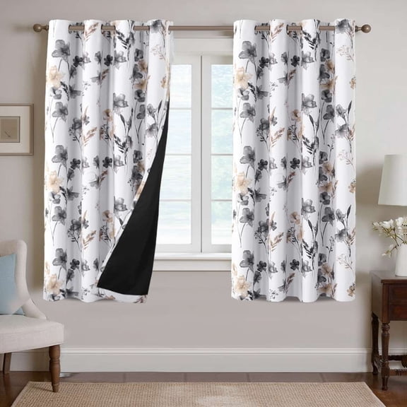 H.VERSAILTEX 100% Blackout Curtains Cattleya Floral Printed Drapes Leah Floral Thermal Bedroom Curtains for Living Room with Black Liner 2 Panels,52" x 63",Grey/Taupe