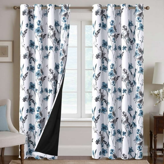 H.VERSAILTEX 100% Blackout Curtains Cattleya Floral Printed Drapes Leah Floral Thermal Bedroom Curtains for Living room with Black Liner 2 Panels,52" x 84",Grey/BLue