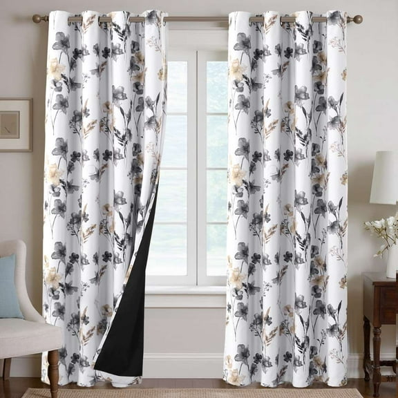 H.VERSAILTEX 100% Blackout Curtains Cattleya Floral Printed Drapes Leah Floral Thermal Bedroom Curtains for Living room with Black Liner 2 Panels,52" x 96",Grey/Taupe