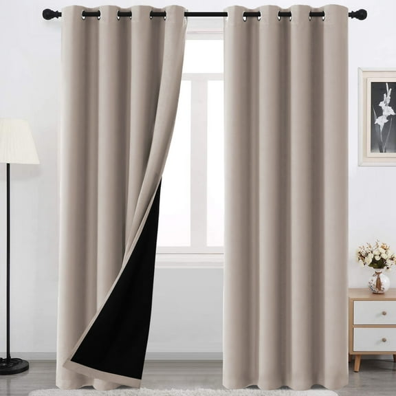 H.VERSAILTEX 100% Blackout Curtains for Bedroom Room Darkening Blocking Grommet Curtain for Living Room with Black Liner 2 Panels, 52" x 84" , Natural Sand