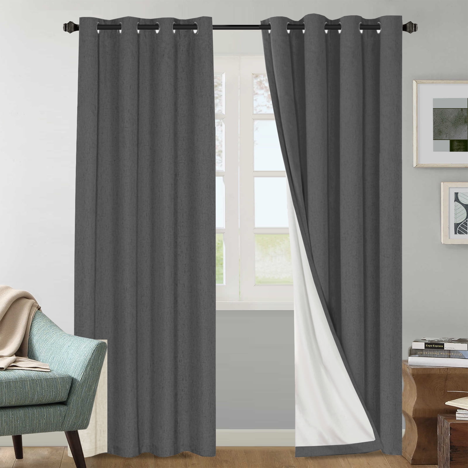 H.VERSAILTEX 100% Blackout Linen Curtains for Bedroom, Grommet Full Room Darkening Curtains & Drapes for Living Room (2 Panels, 52" x 84", Gray)