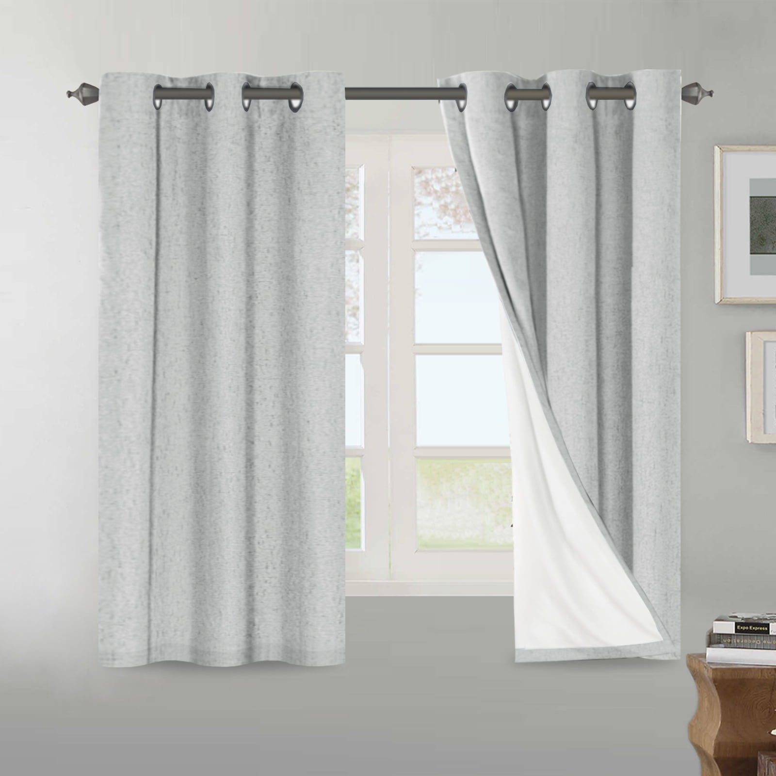 H.VERSAILTEX 100% Blackout Short Curtains for Kitchen, 63 inch Lenghth 2 Panels, Burlap Linen Curtains with White Liner (42" x 63", Glacier Gray)