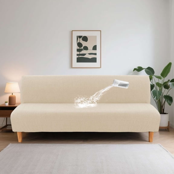 H.VERSAILTEX Stretch Jacquard Futon Slipcover, 100% Waterproof Non-Slip Washable Armless Futon Cover for Kids, Pets and Furniture Protection, Ivory,