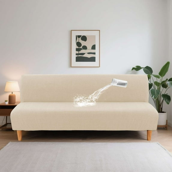 H.VERSAILTEX 100% Waterproof Jacquard Stretch Futon Slipcover Non-slip Armless Sofa Cover Washable Furniture Protector with Elastic Bottom for Kids and Pets, Ivory