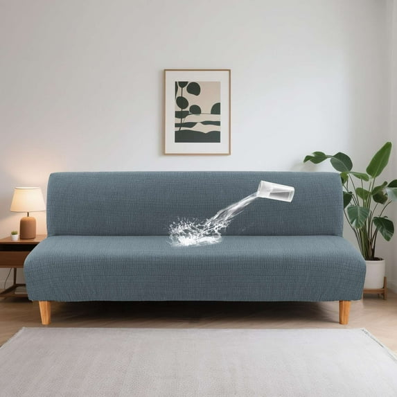 H.VERSAILTEX 100% Waterproof Jacquard Stretch Futon Slipcover Non-slip Armless Sofa Cover Washable Furniture Protector with Elastic Bottom for Kids and Pets, Stone Blue