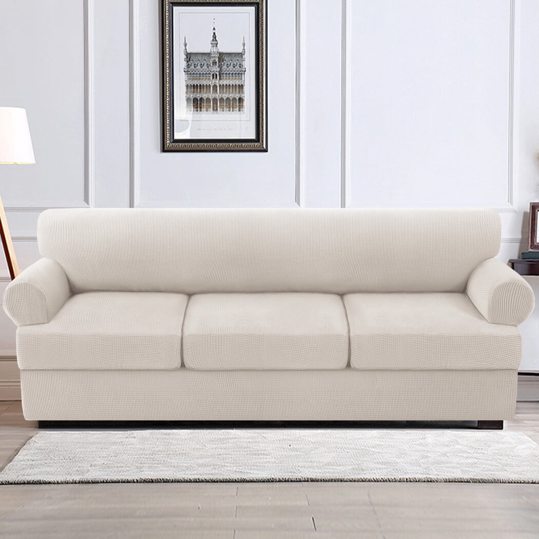 H.VERSAILTEX 4 Pieces Checkerboard Slipcovers Stretch with 3 Individual T Cushion Covers for Living Room(3 Cushion Sofa, Ivory)