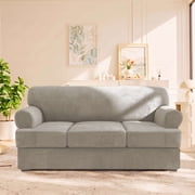 H.VERSAILTEX 4-Piece Velvet T Cushion Sofa Slipcover, Stretch 3 Cushion Couch Cover with 3 Separate Cushion Covers, Non-Slip Furniture Protector, Oatmeal