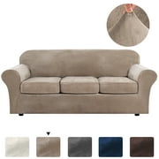 H.VERSAILTEX 4 Pieces Velvet Plush Sofa Covers Stretch Couch Covers for 3 Cushion, Sofa Size, Taupe