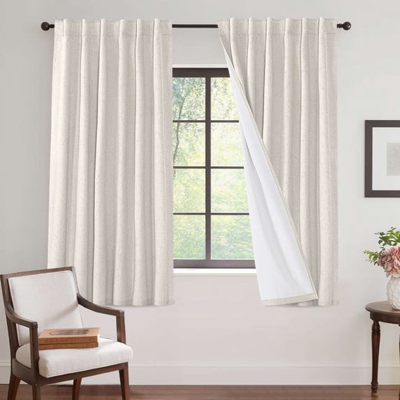 H.VERSAILTEX Contemporary Faux Linen 100% Blackout Back Tab/Rod Pocket/Hook Belt Thermal Insulated Curtain Sets for Bedroom, 2 Panels, 52"x 63", Beige