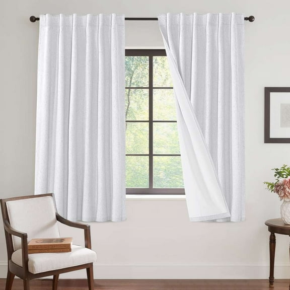 H.VERSAILTEX Contemporary Faux Linen 100% Blackout Back Tab/Rod Pocket/Hook Belt Thermal Insulated Curtain Sets for Bedroom, 2 Panels, 52"x 63", Pure White