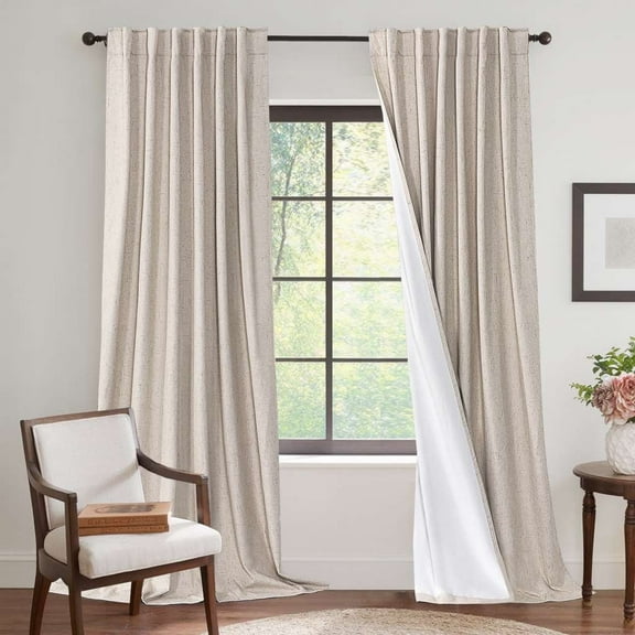 H.VERSAILTEX Contemporary Faux Linen 100% Blackout Back Tab/Rod Pocket/Hook Belt Thermal Insulated Curtain Sets for Bedroom, 2 Panels, 52"x 84", Natural