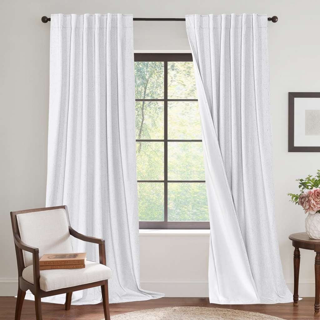 H.VERSAILTEX Contemporary Faux Linen 100% Blackout Back Tab/Rod Pocket/Hook Belt Thermal Insulated Curtain Sets for Bedroom, 2 Panels, 52"x 84", Pure White