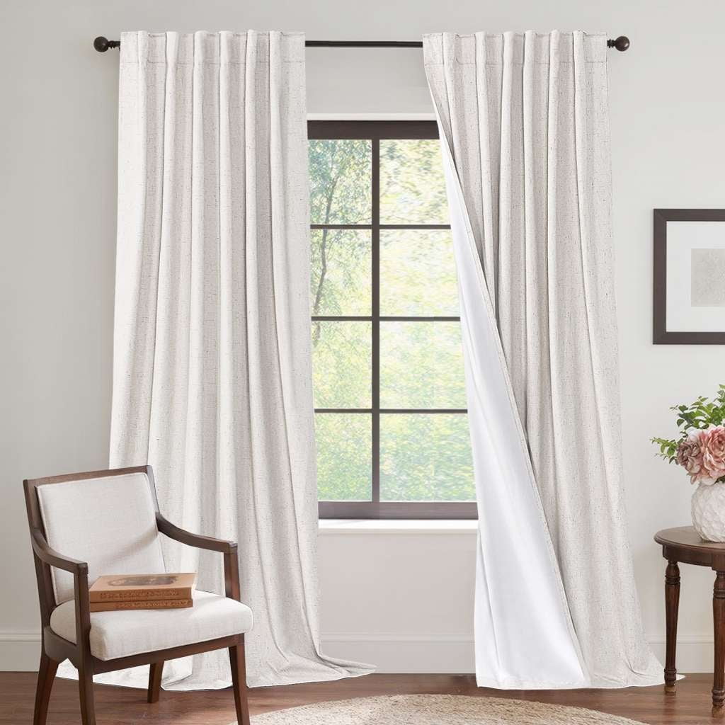 H.VERSAILTEX Contemporary Faux Linen 100% Blackout Back Tab/Rod Pocket/Hook Belt Thermal Insulated Curtain Sets for Bedroom, 2 Panels, 52"x 96", Ivory