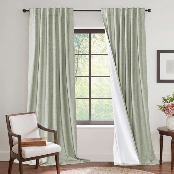 H.VERSAILTEX Contemporary Faux Linen 100% Blackout Back Tab/Rod Pocket/Hook Belt Thermal Insulated Curtain Sets for Bedroom, 2 Panels, 52"x 96", Sage