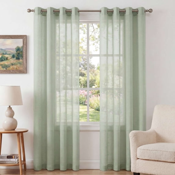 H.VERSAILTEX Farmhouse Natural Linen Sheer Curtains Flax Linen Blended Semi-Sheer Soft Privacy Grommet Drapes Set of 2 Panels for Bedroom , 52"x 108" ,Sage
