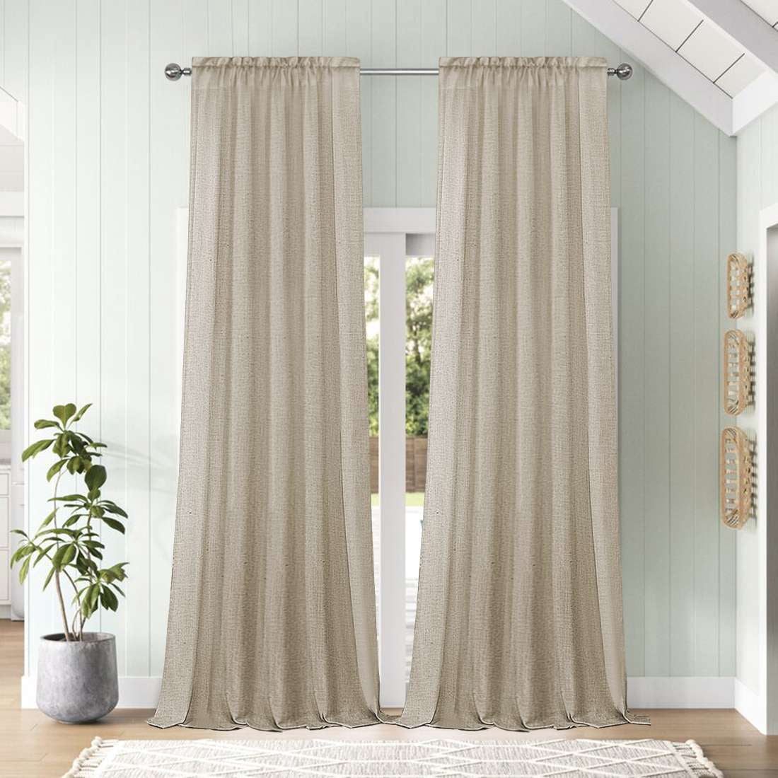 Renaiss Brown Stripe Linen Kitchen Curtains - 2 Panels, 26x54 Inches Each, Rod Pocket Window Treatment For Farmhouse Rustic Cafe Style