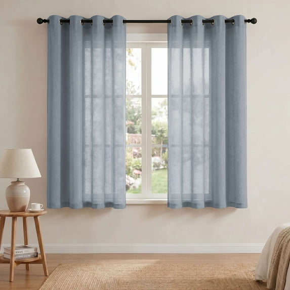 H.VERSAILTEX Linen Light Filtering Curtains 2 Panel Sets 63" Long - Semi Transparent Privacy Sheer Curtains for Living Room Bedroom, Stone Blue, 52" x 63"