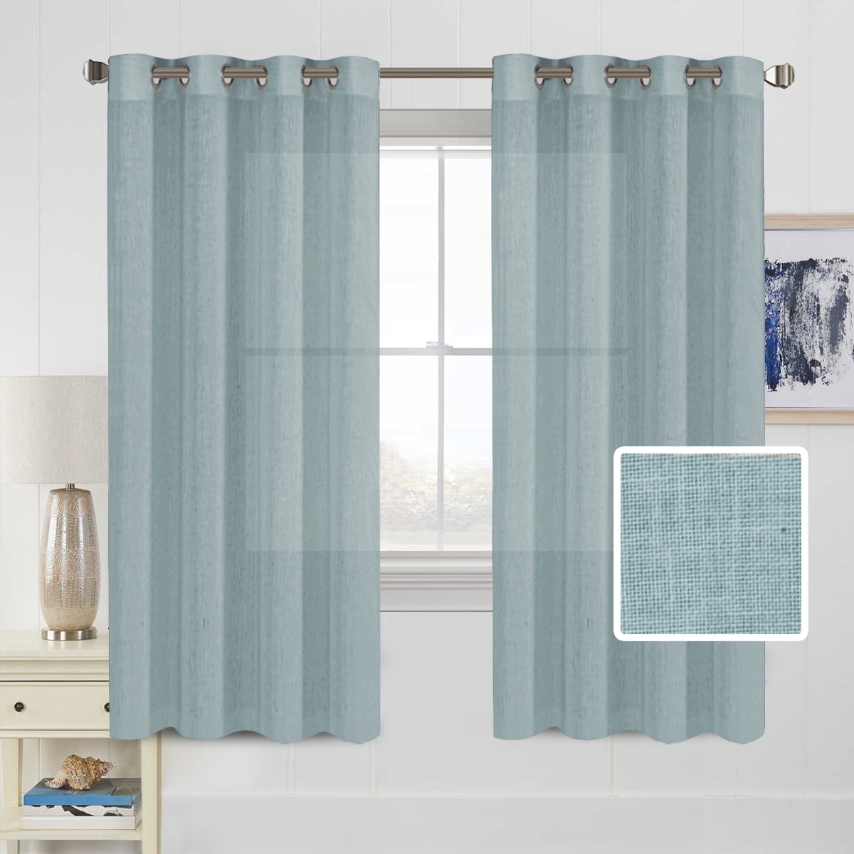 H.Versailtex Linen Sheer Curtains for Bedroom - Airy Linen Texture, Cloud Blue, 2 Panels, 52" x 72"