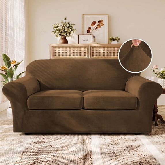 H.VERSAILTEX Plush Velvet 3-Piece Sofa Slipcover, Stretch Elastic Furniture Protector, Fits 72–90 Inch 2-Cushion Couch, Bronze Brown